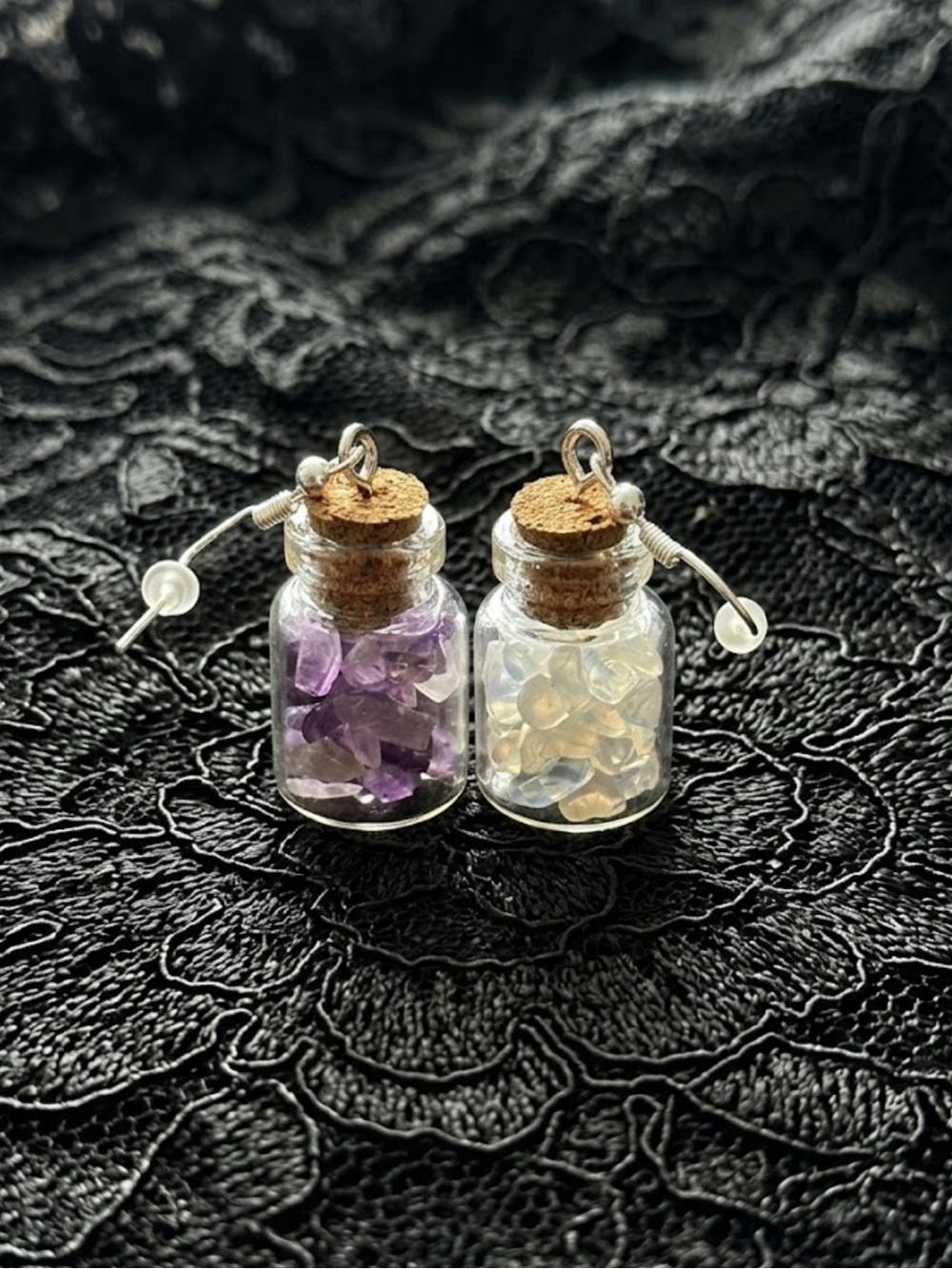Handmade Mini Opalite and Amethyst Glass Spell Jar Drop Earrings
